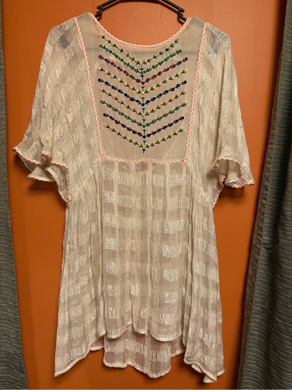 Free People Embroidered Cream Boho Flutter Sleeve Top